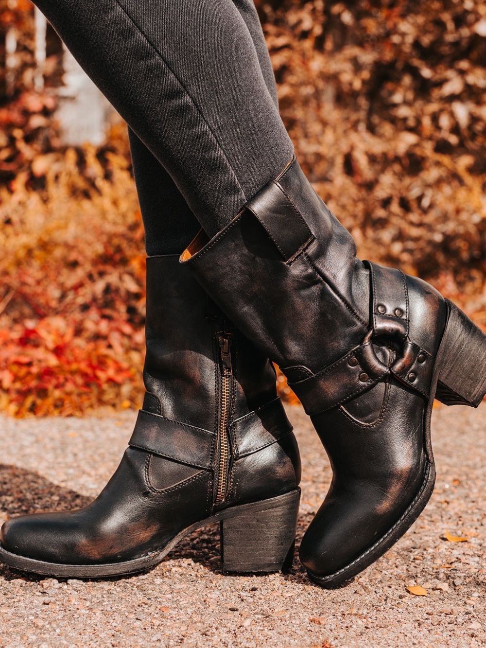 Freebird Darcy Square Toe Black Leather Mid-Calf Harness Boots US 11